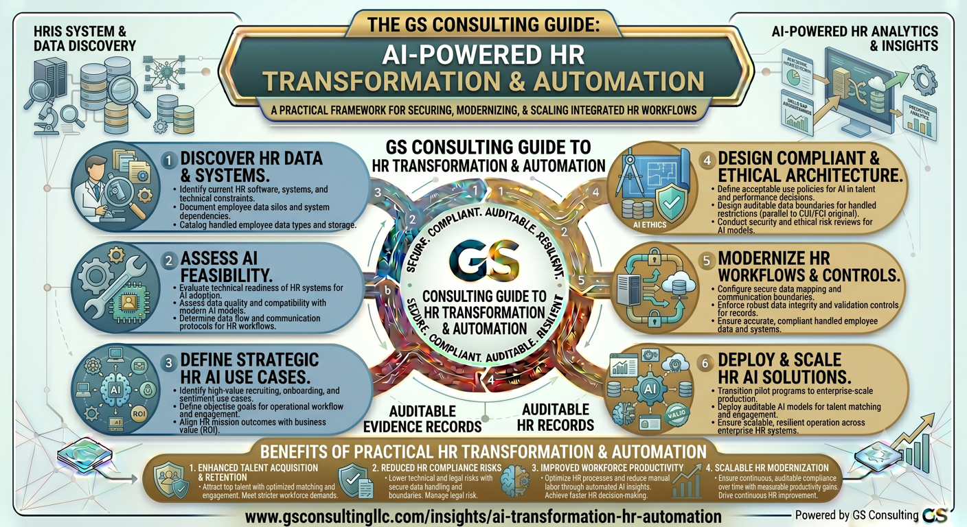 GS Consulting guide showing AI supported HR transformation and automation, including HR data discovery, AI feasibility assessment, strategic HR AI use cases, compliant architecture, HR workflow modernization, and scaled HR AI solutions