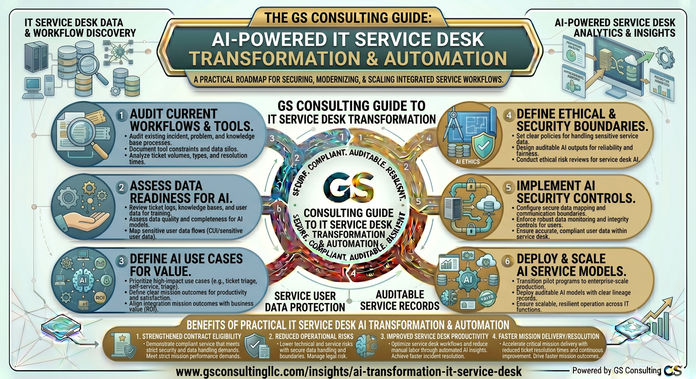 GS Consulting guide showing AI supported IT service desk transformation and automation, including workflow discovery, data readiness, AI use case definition, ethical and security boundaries, AI security controls, and scaled service models
