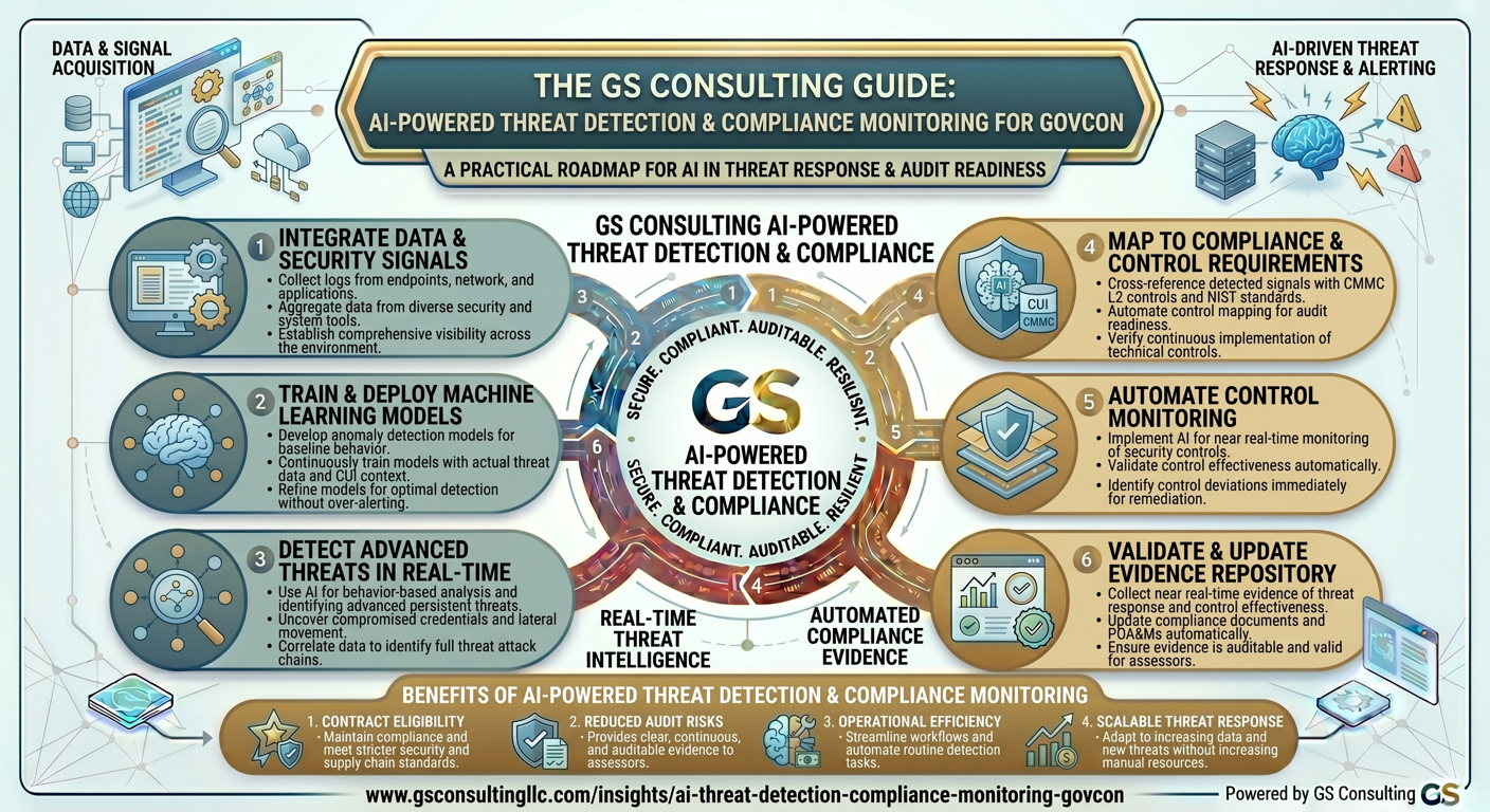 GS Consulting guide showing AI-powered threat detection and compliance monitoring for GovCon, including security signal integration, machine learning deployment, real-time threat detection, compliance mapping, automated control monitoring, and evidence validation
