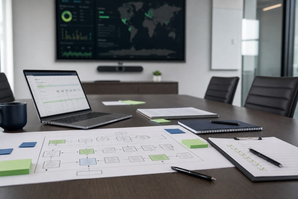 Secure operations workspace with process maps, workflow notes, and compliance planning materials for GovCon automation