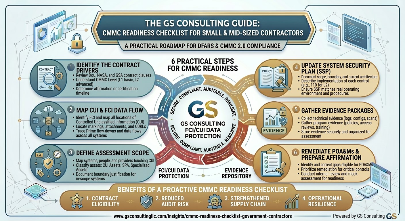 GS Consulting guide showing a CMMC readiness checklist roadmap for small and midsized contractors including contract drivers, FCI and CUI data flow, assessment scope, SSP updates, evidence packages, and POA&M remediation