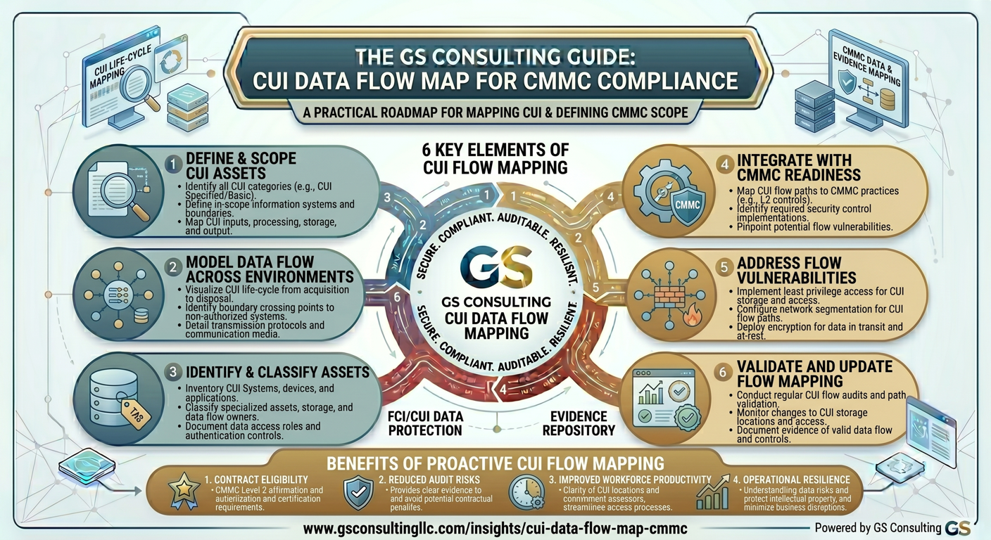 GS Consulting guide showing a CUI data flow map for CMMC compliance, including CUI asset scoping, environment data flow modeling, asset classification, CMMC readiness integration, flow vulnerability remediation, and map validation