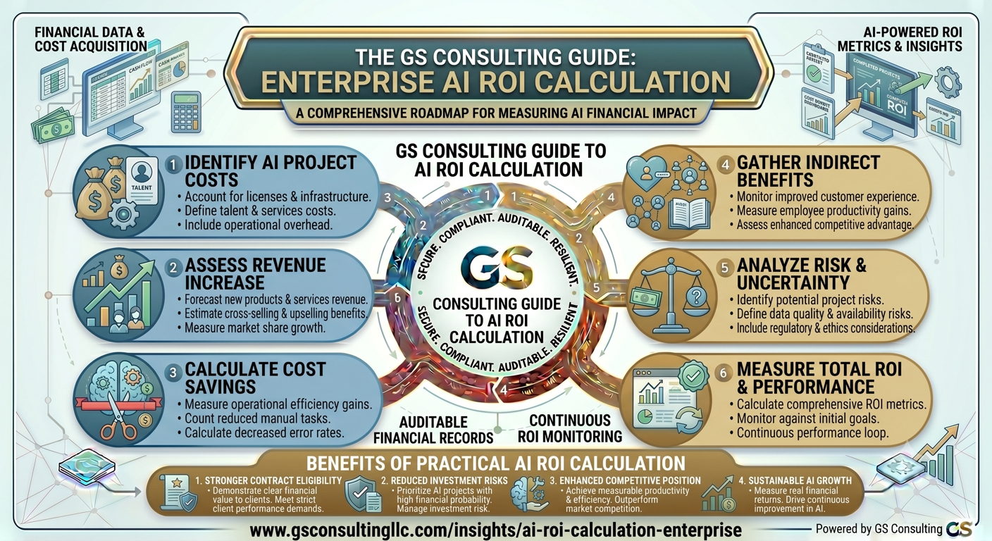 GS Consulting guide showing enterprise AI ROI calculation, including AI project costs, revenue increase, cost savings, indirect benefits, risk analysis, and total ROI performance measurement