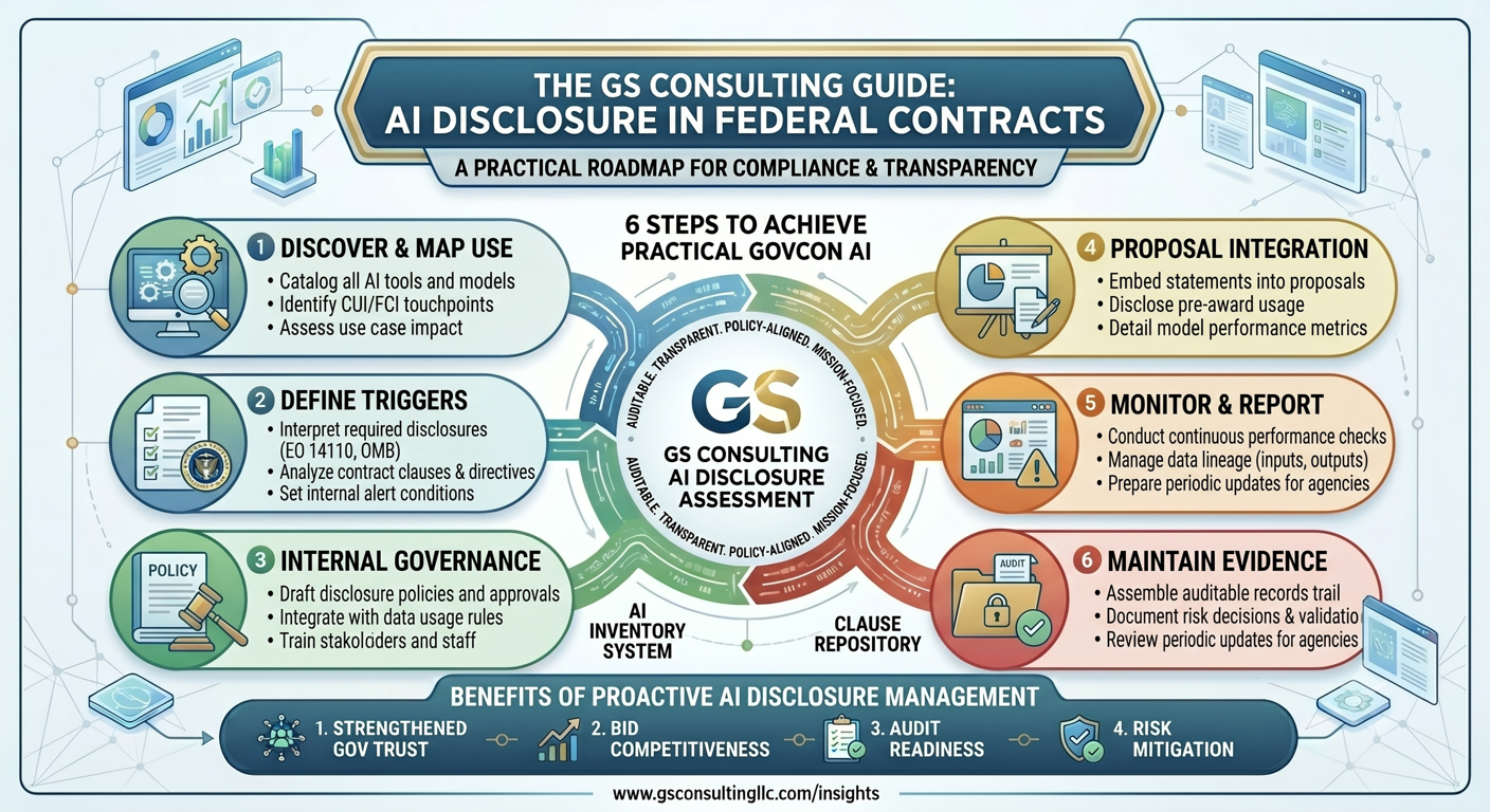 GS Consulting guide showing AI disclosure in federal contracts, including use mapping, disclosure triggers, internal governance, proposal integration, monitoring, reporting, and evidence maintenance