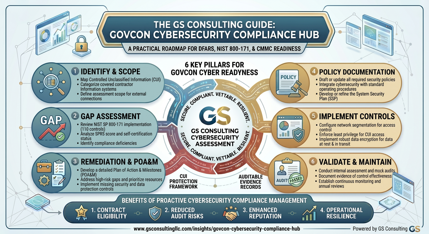 GS Consulting guide showing six GovCon cybersecurity readiness pillars including identify and scope, gap assessment, remediation and POA&M, policy documentation, control implementation, and validation