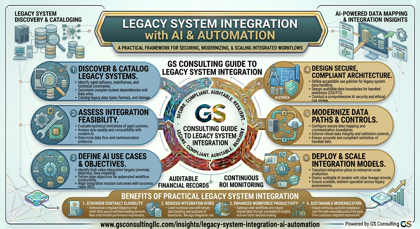 GS Consulting guide showing legacy system integration with AI and automation, including legacy discovery, integration feasibility, AI use case definition, secure compliant architecture, data path modernization, and scaled integration models