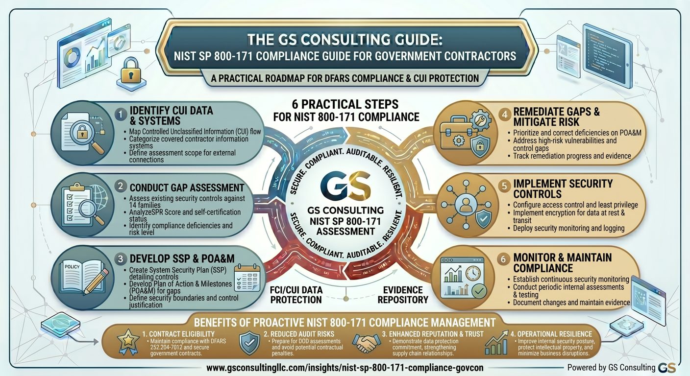 GS Consulting guide showing a NIST SP 800-171 compliance roadmap for government contractors including CUI data and systems, gap assessment, SSP and POA&M development, gap remediation, security control implementation, and continuous monitoring