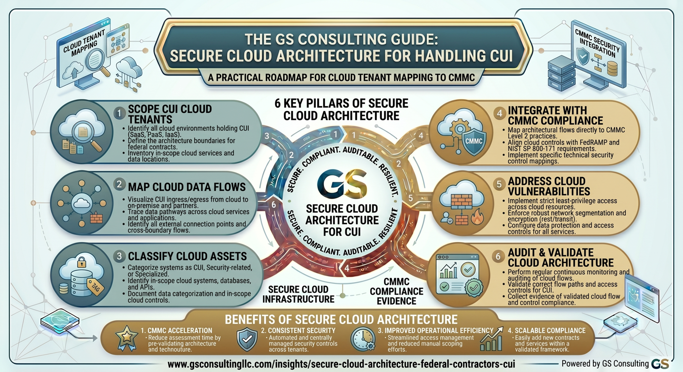 GS Consulting guide showing secure cloud architecture for handling CUI, including cloud tenant scoping, cloud data flow mapping, cloud asset classification, CMMC integration, cloud vulnerability remediation, and architecture validation